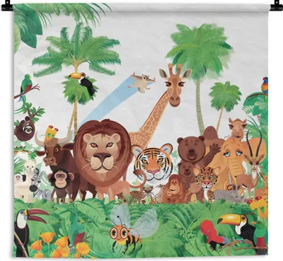 Produktbild von MuchoWow® Wandteppich Wandbehang Wilde Tiere - Dschungel - Löwe - Tiger - Mädchen - Kinder - Jungen 120x120 cm Tapisserie Dekoration Wandtuch - Modern - Baumwollgewebe
