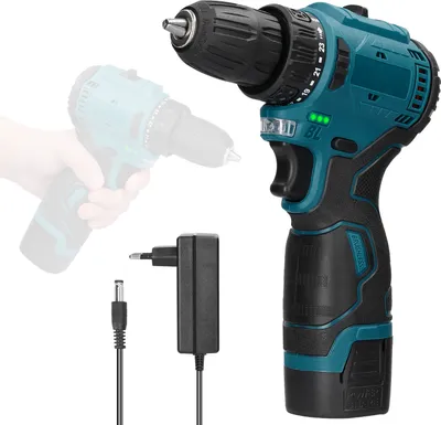 A cordless drill and its charger are displayed against a white background.