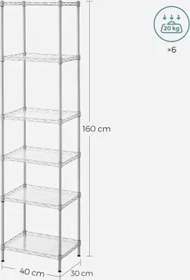 Obrázek produktu pro Stabilní regál se 6 policemi, kovový, s nastavitelnou výškou, stříbrný, nosnost 120 kg