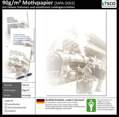 Produktbild von Motivpapier Briefpapier (Lok-5065, DIN A4 25 Blatt) Warten auf dem Bahnhof Waiting on the Station Zug Dampflok Lokomotive schwarz weiß