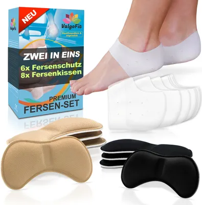 Produktbild von Premium Fersenschutz Set – Fersenpolster und Silikon Socken – Gegen Reibung und Blasen – Beugt Fersenschmerzen, Fußschmerzen und Fersensporn vor – Schuheinlagen – Fersenkissen