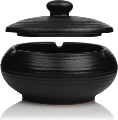Produktbild von Zigaretten-Aschenbecher Schwarz Keramik für den Außenbereich mit Deckel Retro Wind Aschenbecher Geruch-Proof Outdoor Aschenbecher für Outdoor Sturm Aschenbecher für Home Office Schlafzimmer Balkon Couchtisch