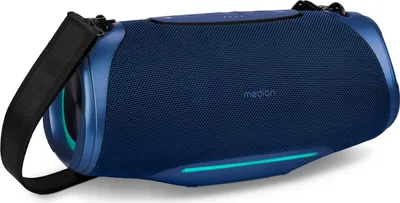 Produktbild von MEDION P61762 tragbarer Bluetooth Lautsprecher (Akku, Bass Boost, Musikbox, RGB Lichteffekte, IPX7 Wasserschutz & robust, integrierte Powerbank, 2X 25 W RMS) Blau