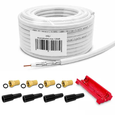 Produktbild von 50m ARLI Koaxialkabel – max. 135 dB 5-fach geschirmt + 4x F-Stecker vergoldet + 4x Gummitülle + Abisoliermesser DVB-S2 DVB-C2 DVB-T2 4K HD TV