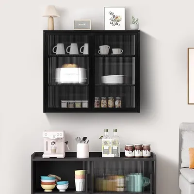 Produktbild von Flieks Wandschrank Hängeschrank mit Glastür und verstellbaren Einlegeböden, Badezimmerschrank Küchenschrank Wohnzimmerschrank, Schwarz