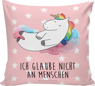 Produktbild von Mr. & Mrs. Panda Kissen 40x40 Einhorn Wolke 7 - Rot Pastell - Geschenk, Sofa, Lächeln, Menschen, Einhörner, Zierkissen, Deko, Verliebt, bedruckt, Unicorn, kuschelkissen