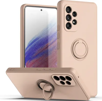 A pink phone case with a ring holder is displayed from multiple angles.