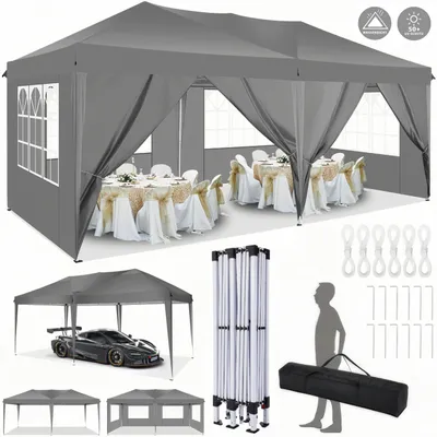 A collage of images showing a gray pop-up tent set up with tables and chairs inside, another image of the tent covering a car, and various components and accessories.