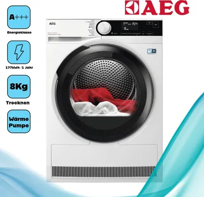 A white AEG heat pump dryer with a black drum surround is shown. Icons and text detailing its features are displayed on the left side of the image.