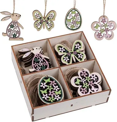 Produktbild von Ostern Dekoration Set 24 Holz Hänger Blumen Vögel