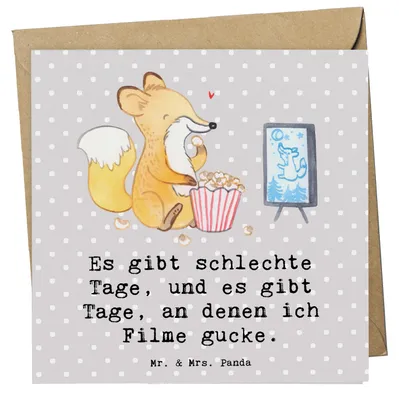 Produktbild von Mr. & Mrs. Panda Grußkarte Fuchs Filme gucken - Grau Pastell - Geschenk, Glückwunschkarte, faltkarte, Kino, anlasskarte, Filmabend, Klappkarte, Fernsehen, doppelkarte, TV