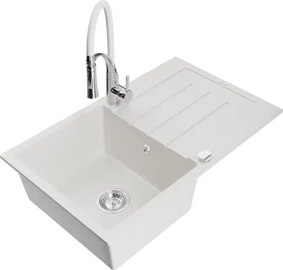 Immagine prodotto di Mexen Bruno lavello in granito a 1 vasca con scolapiatti e rubinetto da cucina Aster, bianco - 6513-20-73450-02