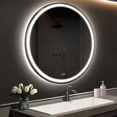 Image de Miroir de salle de bain - Rond, 80 cm de diamètre - Éclairage LED - Verre trempé - Anti-buée - Intensité variable