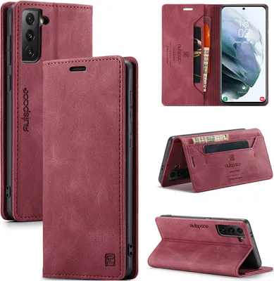 Produktbild von Samsung Galaxy S21 5G Brieftasche Hülle, Retro Kunstledertasche Stand Schutzhülle für Samsung Galaxy S21 5G Rot