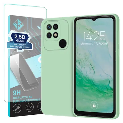 Produktbild von Hülle für Xiaomi Redmi 10C mit 9H Displayglas Displayschutz Case Cover Bumper Smartphone Softgrip Schutzhülle Farbe: Türkis