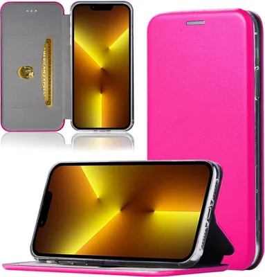 A pink flip case for an iPhone 13 mini is shown from multiple angles, with the phone inside and displayed separately.