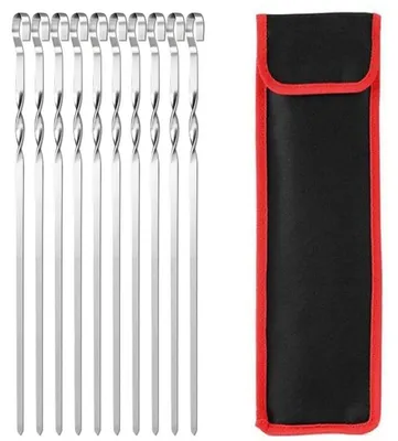 Image de INF Brochettes barbecue plates torsadées antidérapantes en acier inoxydable 430 39cm – Lot de 10 avec sac de rangement en tissu