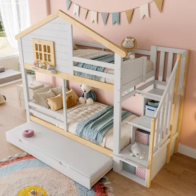 Produktbild von okwish Etagenbett 90x200 mit Stauraum,Kinderbett Bettgestell mit Ausziehbares,Holzbett Jugendbett mit Stauraumleiter und Hausleiste,Weiß + Natur,hne Matratze