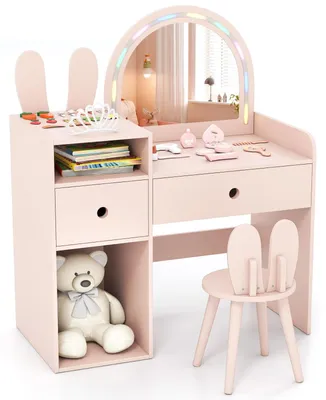 Productafbeelding van FANTASK kindermake-up tafel met LED-verlichting, kaptafel met krukje en opbergruimte