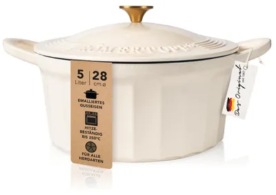Produktbild von Römertopf Bräter Emaille Gusseisen Topf Schmortopf 28 cm Deckel, Creme