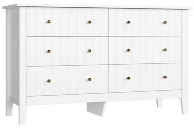 Zdjęcie produktu dla Komoda biała, szerokość 133 cm, z 6 szufladami, idealna do salonu, sypialni lub przedpokoju. Wymiary: 133 x 45 x 79,5 cm