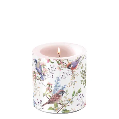 Produktbild von Kerze Ø 7,5cm Höhe 9 cm Vögel Zweige Äste Blüten
