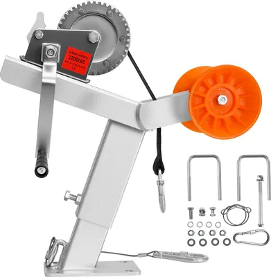 A boat trailer winch with accessories, displayed against a white background.
