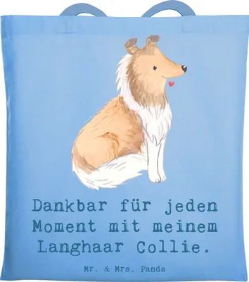 Produktbild von Mr. & Mrs. Panda Tote Bag Langhaar Collie Moment - Sky Blue - Geschenk, canvas tasche, Unitasche, Shopping, Britischer Hütehund, Jutebeutel