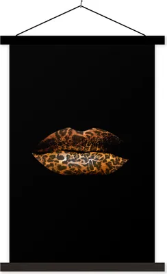Produktbild von MuchoWow® Textilposter Lippen - Tigerdruck - Schwarz 40x60 cm mit schwarzem Rahmen - Wanddekorationen