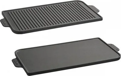 Two cast iron grill pans, one with grill marks and one flat, are shown against a white background.