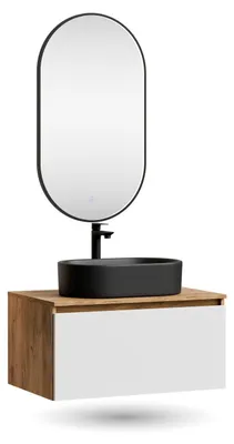 Produktbild von ARISA Badmöbel Set in Weiß – Mit "Glora" LED Spiegel und schwarzem Keramik-Aufsatzwaschbecken 55 cm