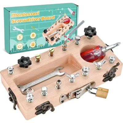 Produktbild von Montessori Spielzeug ab 3 4 5 Jahre Holz Schraubbrett Busy Board Holzspielzeug Schraubendreher Brett Lernspielzeug Kinderspielzeug Motorikspielzeug