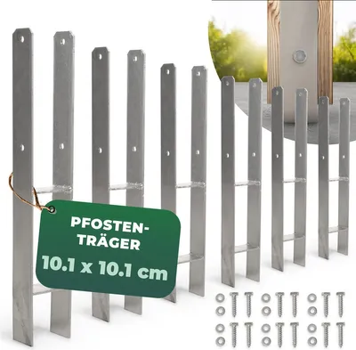 Obrázek produktu pro Novatool Sada 6 kusů hmoždinek do země, tvar H, rozměry 101x101x600 mm. Hmoždinka do země, slouží jako nosič slunečníku, sloupku plotu, dřevěného sloupku. Sada obsahuje hmoždinky, zemní šrouby a šrouby pro upevnění. Zinkované, určené k zatloukání do země