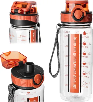 Imagen del producto de Botella de agua KADAX de 750 ml, color naranja, con tapa a prueba de fugas, fabricada con Tritan libre de BPA, botella deportiva reutilizable con tapa abatible, asa para transportar y marcador de tiempo