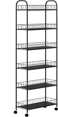 Produktbild von Schmale Rollende Aufbewahrungswagen mit 6 Ebenen – Mobiler Küchen- & Badezimmer-Organizer mit Rollen und Körben – 25 × 58 × 155 cm – Schwarz