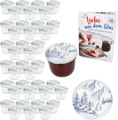 A set of glass jars with decorative lids, a jar filled with jam, and a recipe booklet, arranged on a white background.