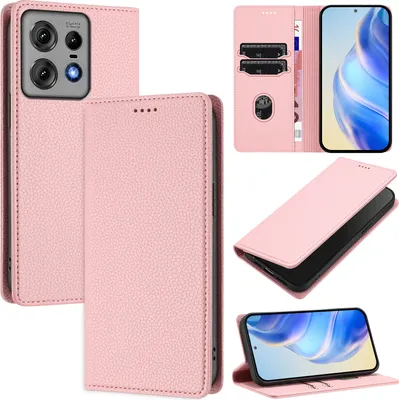 Produktbild von Litchi Leder Handyhülle für Motorola Edge 50 Pro Wallet Kartenfächer Standfunktion Hülle Pink