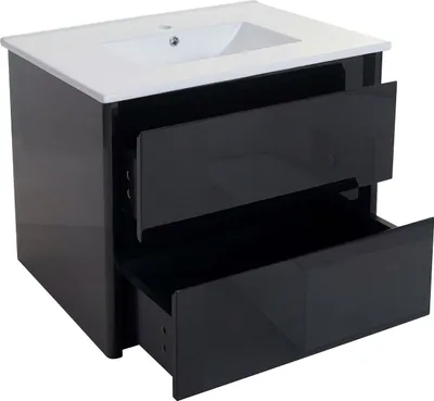 A black bathroom vanity with a white sink and countertop, with two drawers partially open.