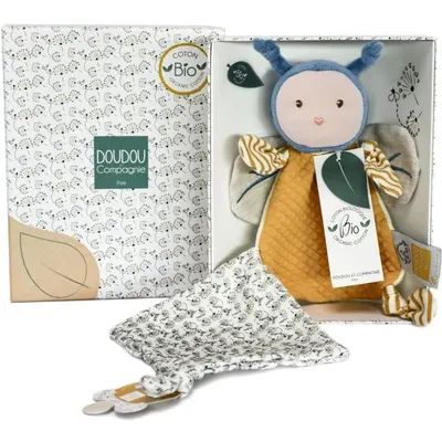 Zdjęcie produktu dla Doudou et Compagnie - Doudou Klips do smoczka Pszczółka - 17 cm - Niebieski / Żółty - Organiczny prezent urodzinowy - Pyłek Organiczna Pszczółka - DC3847