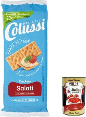 Produktbild von 3x Colussi Cracker Salati herzhafter Cracker mit nachhaltigem Mehl 500g + Italian goumet polpa 400g