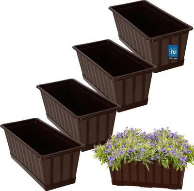 Image de KOTARBAU® Lot de 4 Pot de Fleur Exterieur Jardinières Exterieur PVC 40x18x14 cm Brun Jardinière Balcon Rectangulaire avec Soucoupe Bac à Fleurs