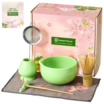 Immagine prodotto di Set regalo per la preparazione del matcha, 7 pezzi, in Vetroceramica verde, con accessori in bambù