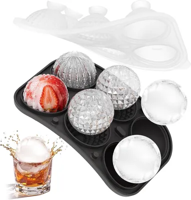 Immagine prodotto di Stampo per cubetti di ghiaccio - Grande - 5 cm - Stampo in silicone senza BPA per cubetti di ghiaccio - 6 cubetti rotondi - 3 contenitori per cubetti di ghiaccio a forma di sfera - Coperchio per cocktail