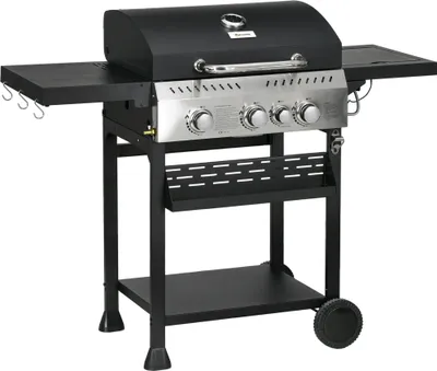 Zdjęcie produktu dla Grill gazowy Outsunny 3 KW 3+1 palnikowy wózek grillowy wykonany ze stali nierdzewnej z palnikiem bocznym