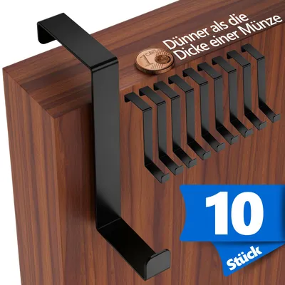 Produktbild von Lindenstein Große Türhaken 36–41 mm, 10er SET, Schwarz - Edelstahl Türhaken zum Einhängen, vielseitige Türgarderobe - Robuste Kleiderhaken für die Tür