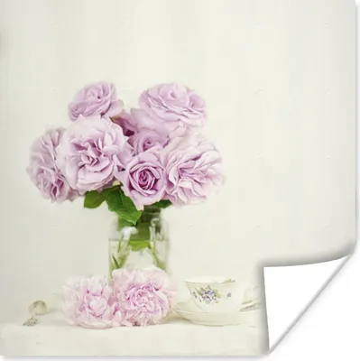Produktbild von MuchoWow® Poster Blumenstrauß aus rosa Pfingstrosen an einer Teetasse 75x75 cm - Wand Dekoration