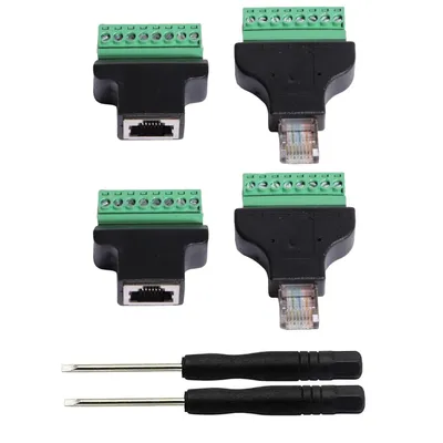 Produktbild von 2 Stück RJ45 Stecker und 2 Stück RJ45 Buchse auf 8 Pins Schraubklemmenblock Adapter