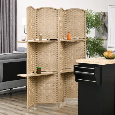 Produktbild von Paravent 4-teilig faltbar, Raumteiler mit 2 Regalen, Sichtschutz Papierfaser Naturholz | 160 x 170 cm | 5,2 kg | stabile Stellwand
