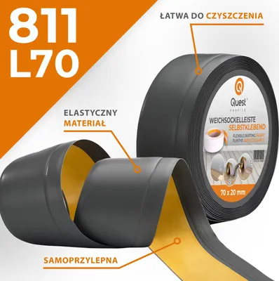 Zdjęcie produktu dla QUEST Listwa przypodłogowa PCV 70x20mm, 5m, samoprzylepna elastyczna, miękka listwa podłogowa, cokołowa, ciemnoszary