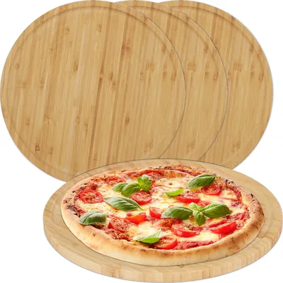 Produktbild von Relaxdays Pizzateller, 4er Set, Bambus, Ø 32 cm, Servierbrett für Pizza, Flammkuchen, Käse, rundes Pizzabrett, natur